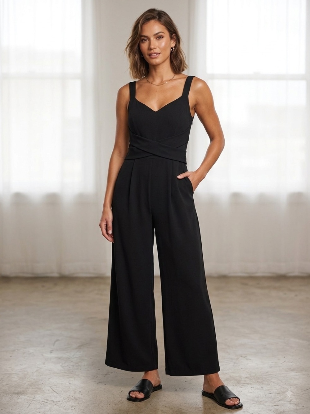 Women's Black Wide-Leg Jumpsuit - Sleek V-Neck Design